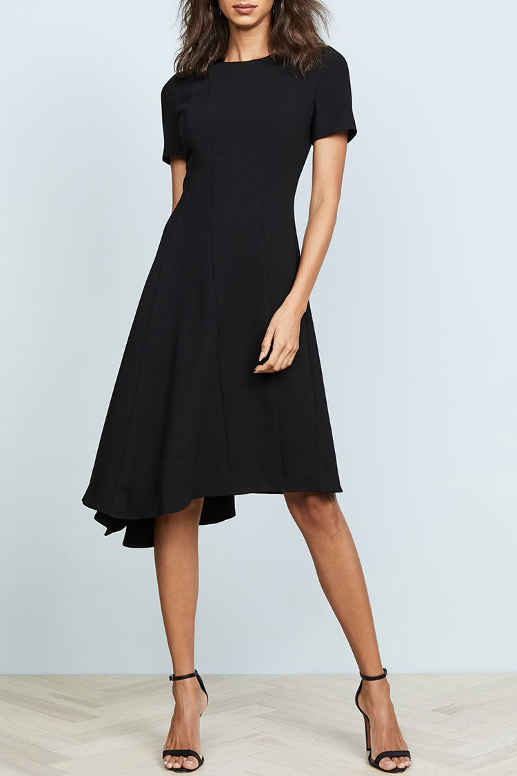 Black Crew Neck Short Sleeve Fit And Flare Asymmetric Midi Dress
