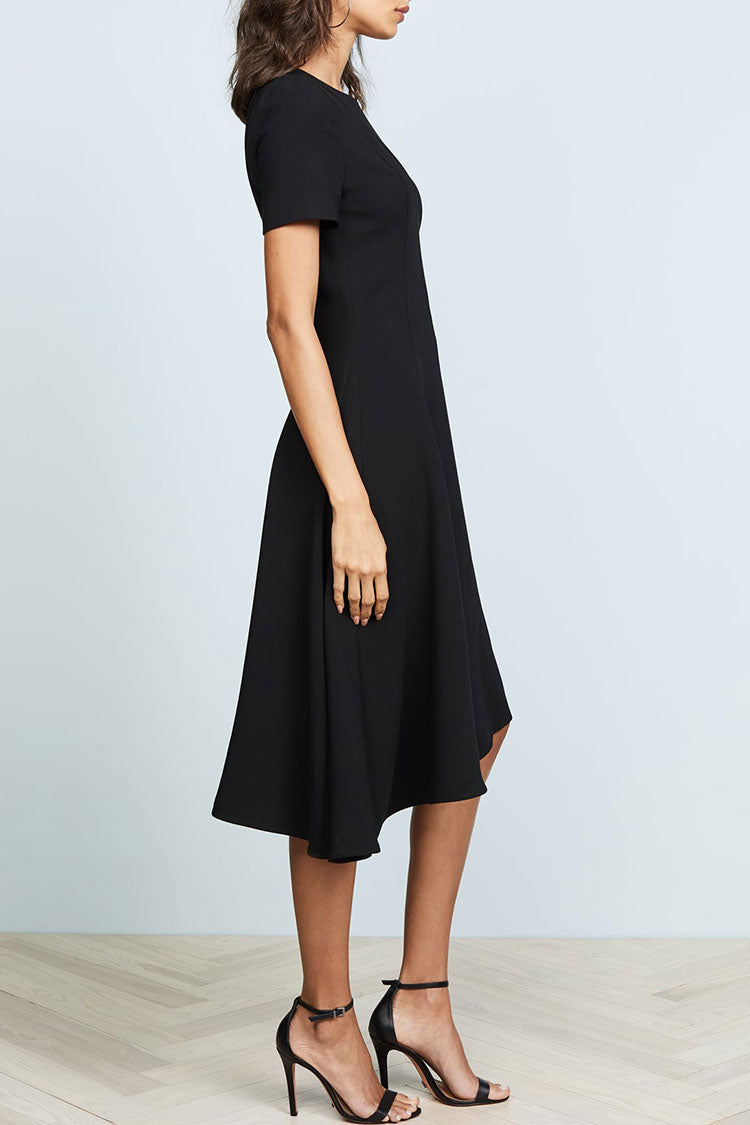 Black Crew Neck Short Sleeve Fit And Flare Asymmetric Midi Dress