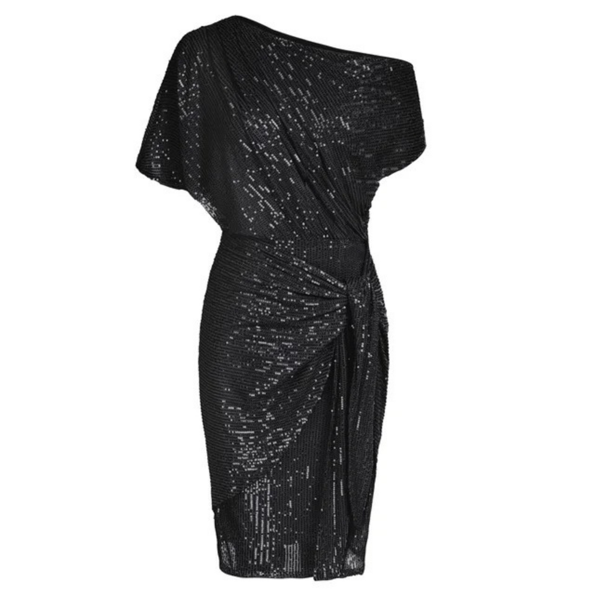 Asymmetric One-Shoulder Metallic Shimmer Side Tie Draped Midi Dress