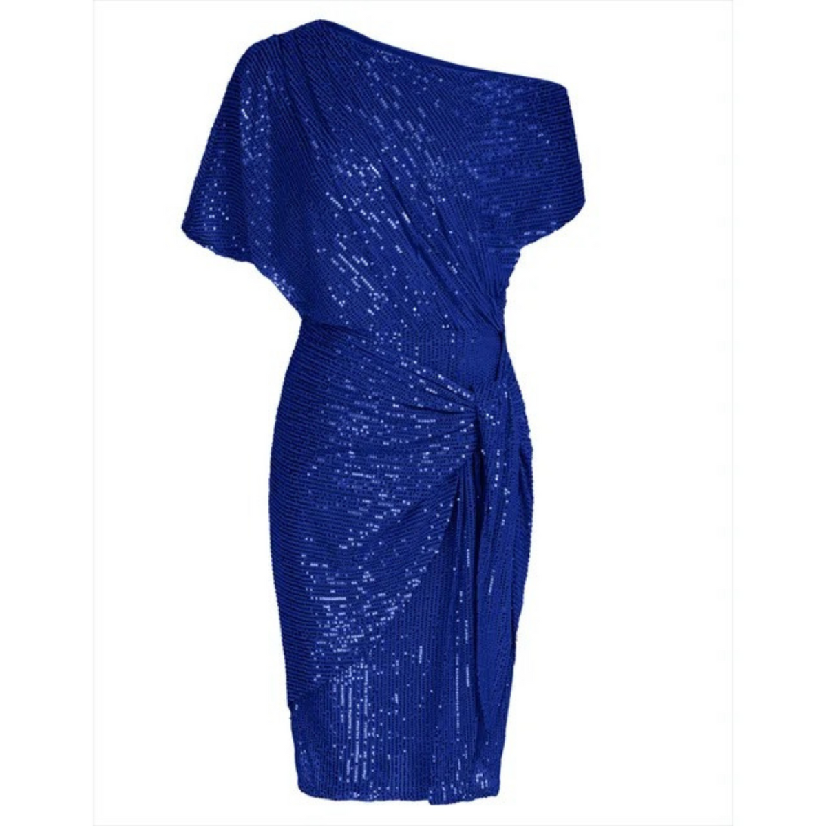 Asymmetric One-Shoulder Metallic Shimmer Side Tie Draped Midi Dress