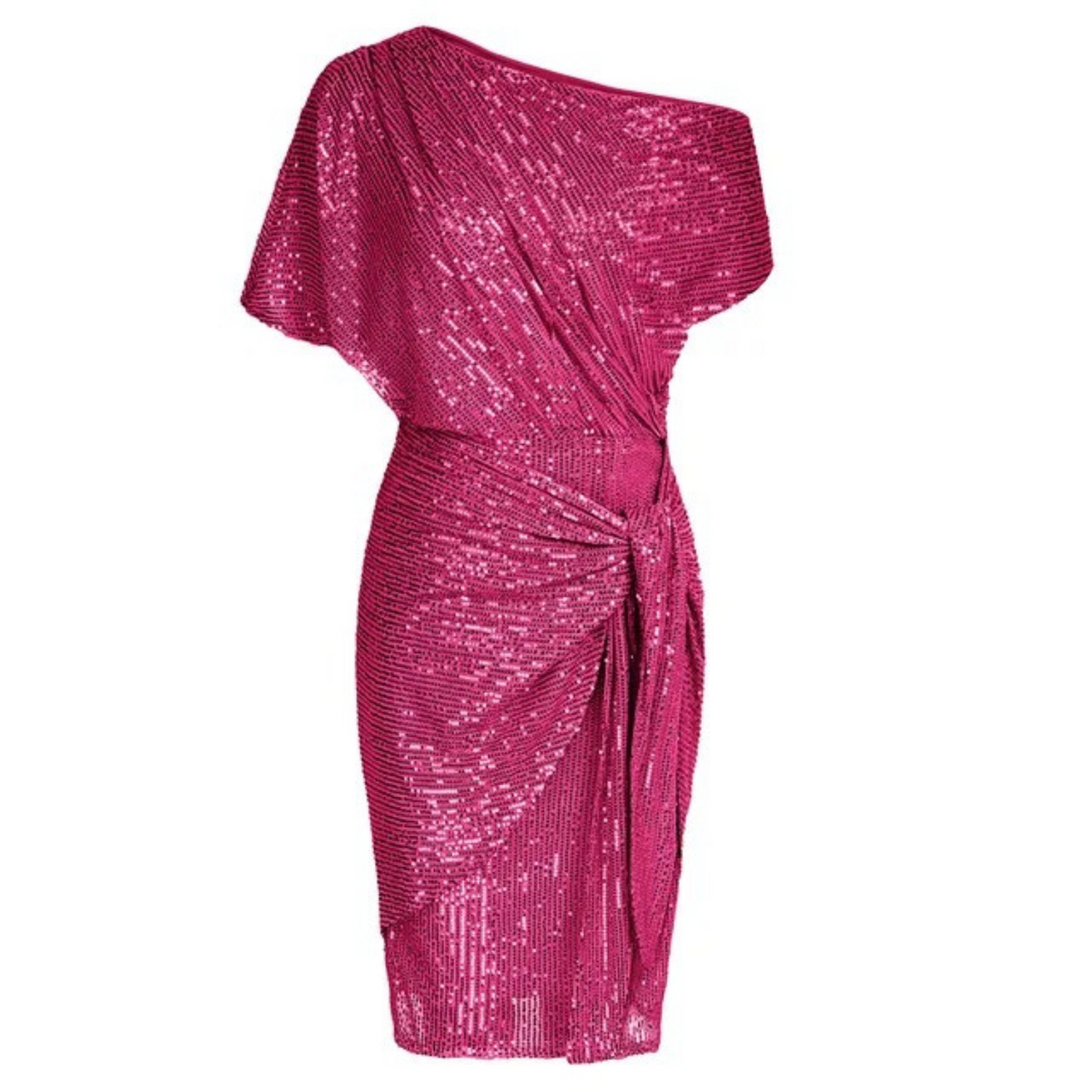 Asymmetric One-Shoulder Metallic Shimmer Side Tie Draped Midi Dress