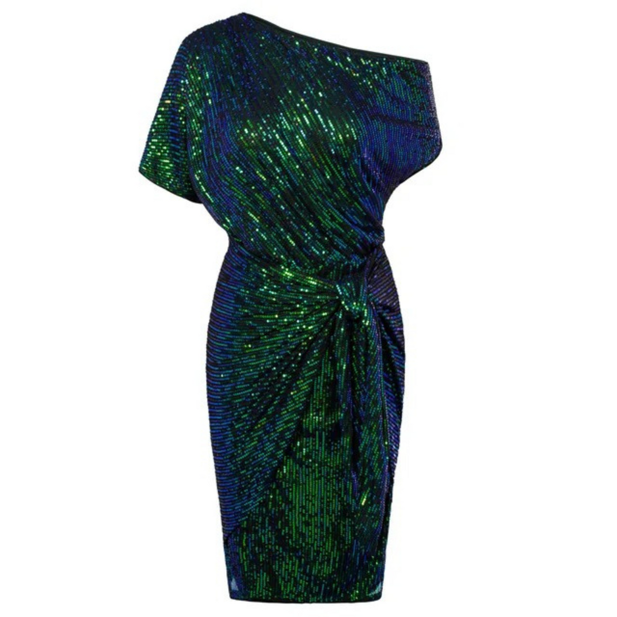 Asymmetric One-Shoulder Metallic Shimmer Side Tie Draped Midi Dress