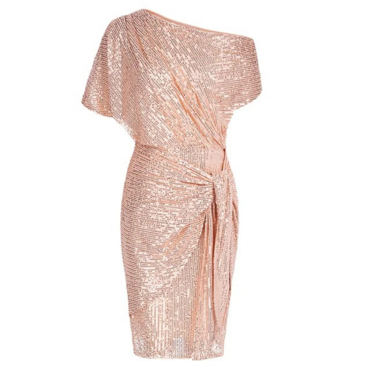 Asymmetric One-Shoulder Metallic Shimmer Side Tie Draped Midi Dress