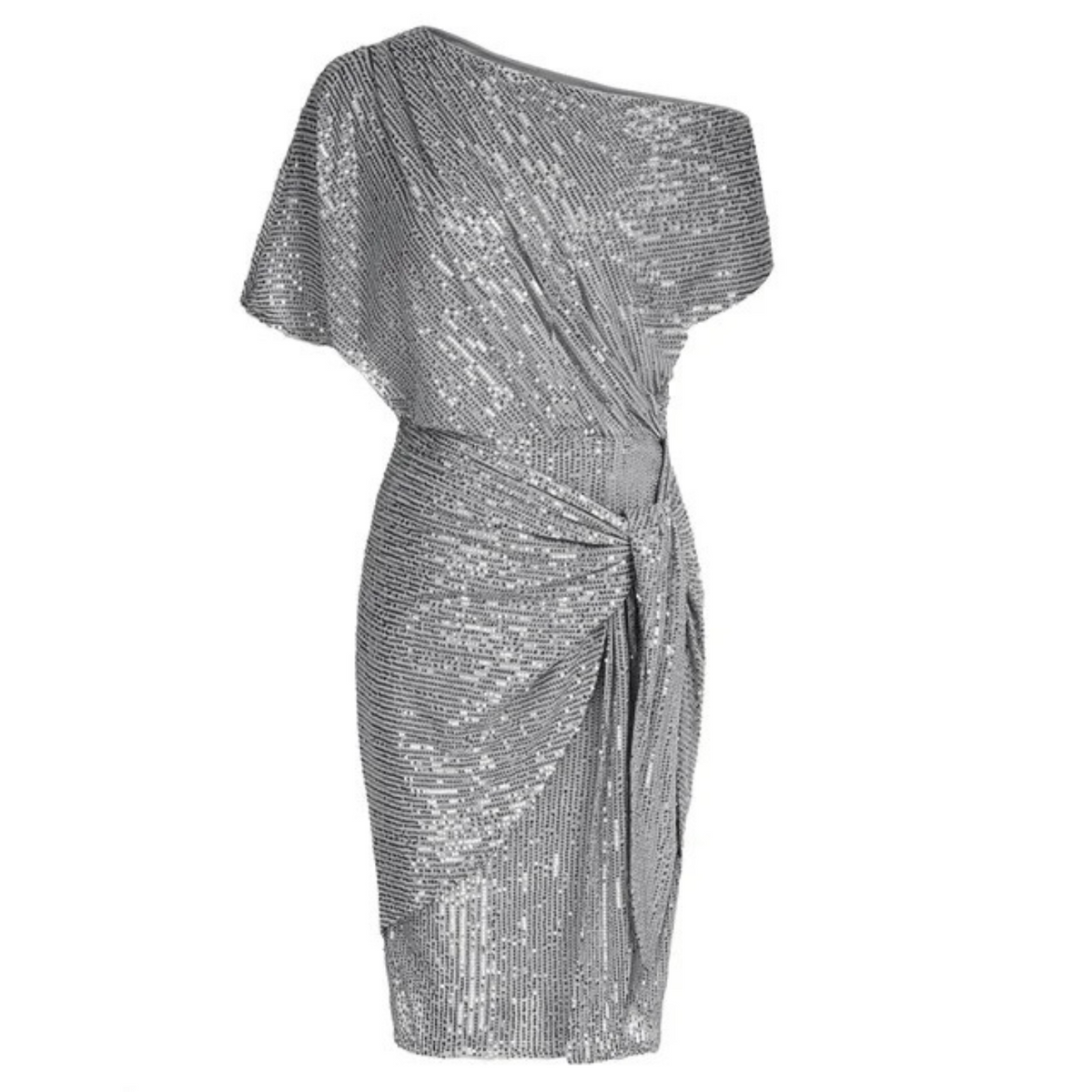 Asymmetric One-Shoulder Metallic Shimmer Side Tie Draped Midi Dress
