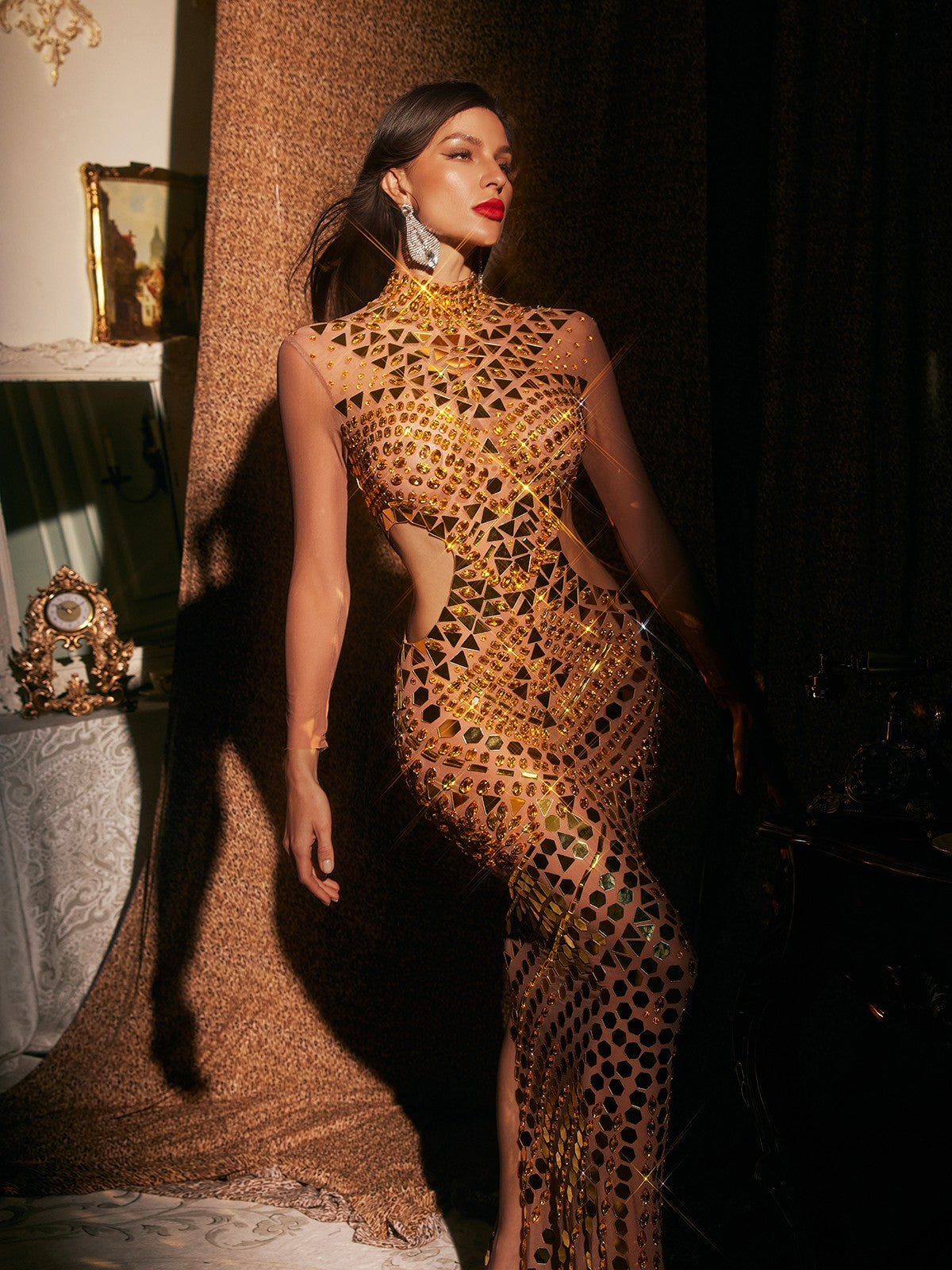 Cutout Embellished Mesh Maxi Dress