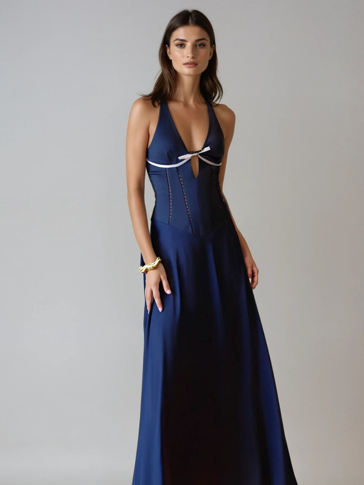 Halterneck Bow Corset Satin Maxi Dress