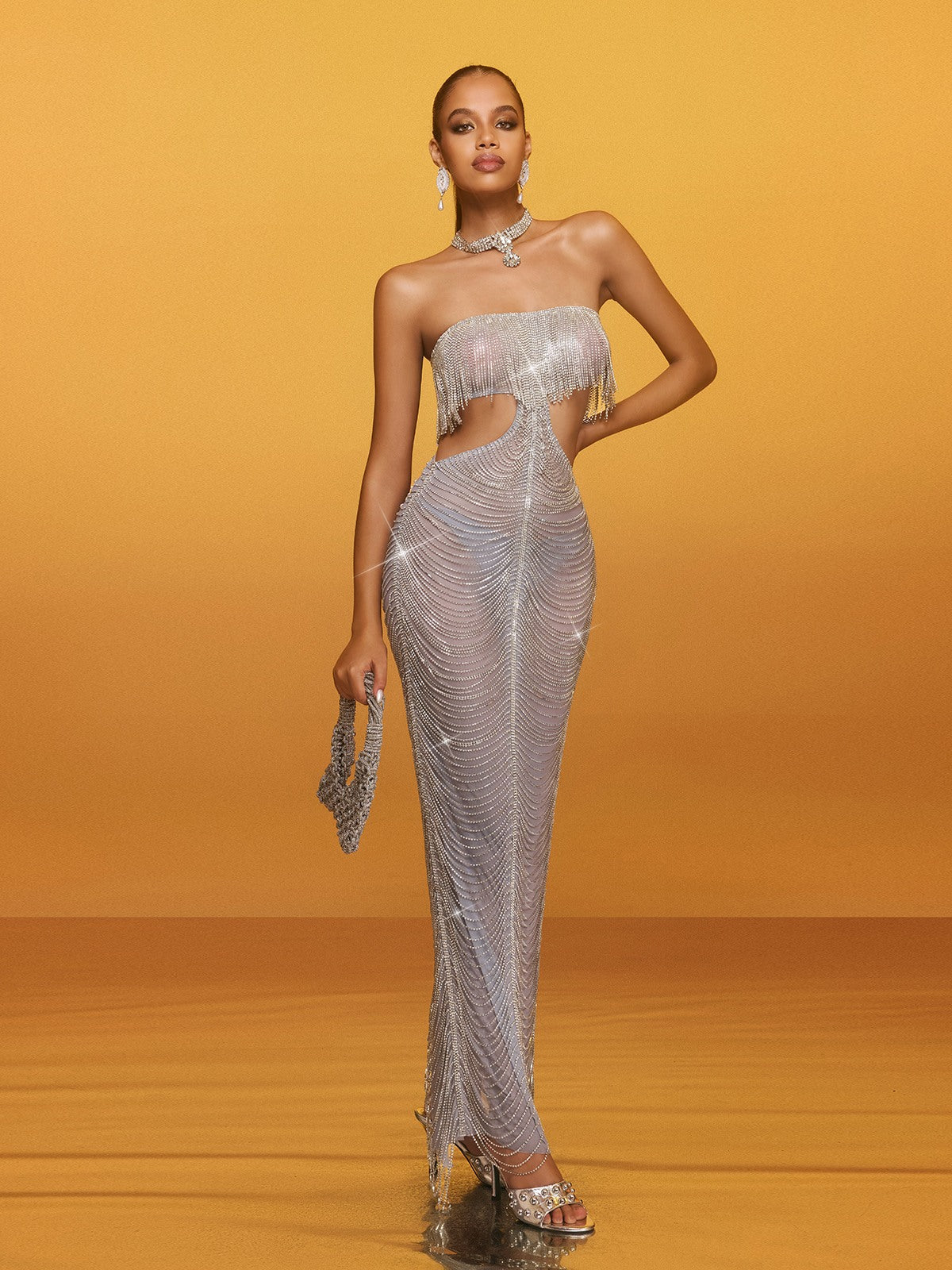 Strapless Cutout Fringe Maxi Dress