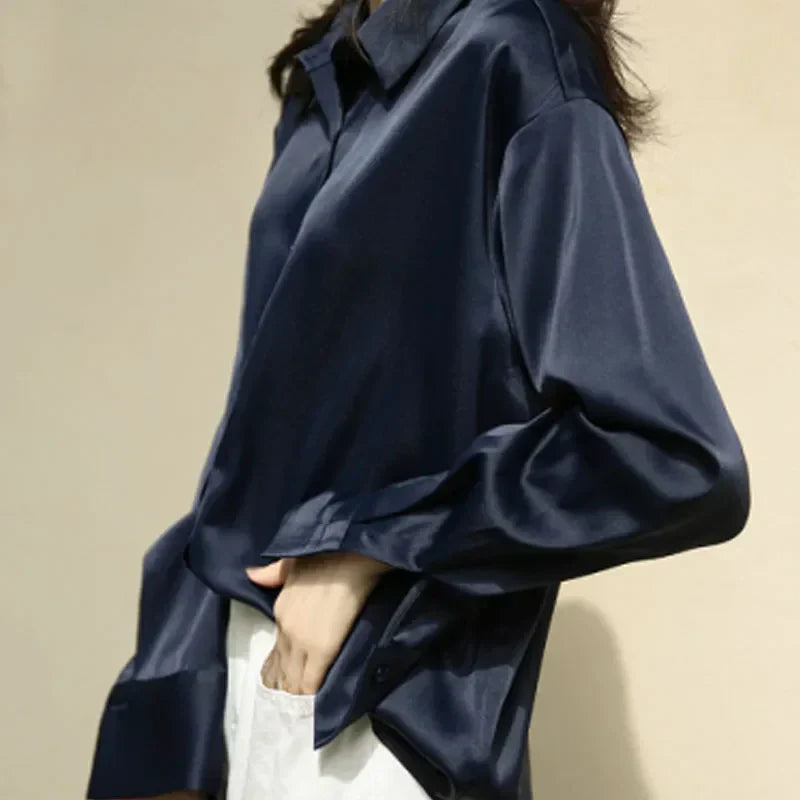 Autumn Button Up Satin Vintage White Blouse RoyalBlue / S blouse-250223