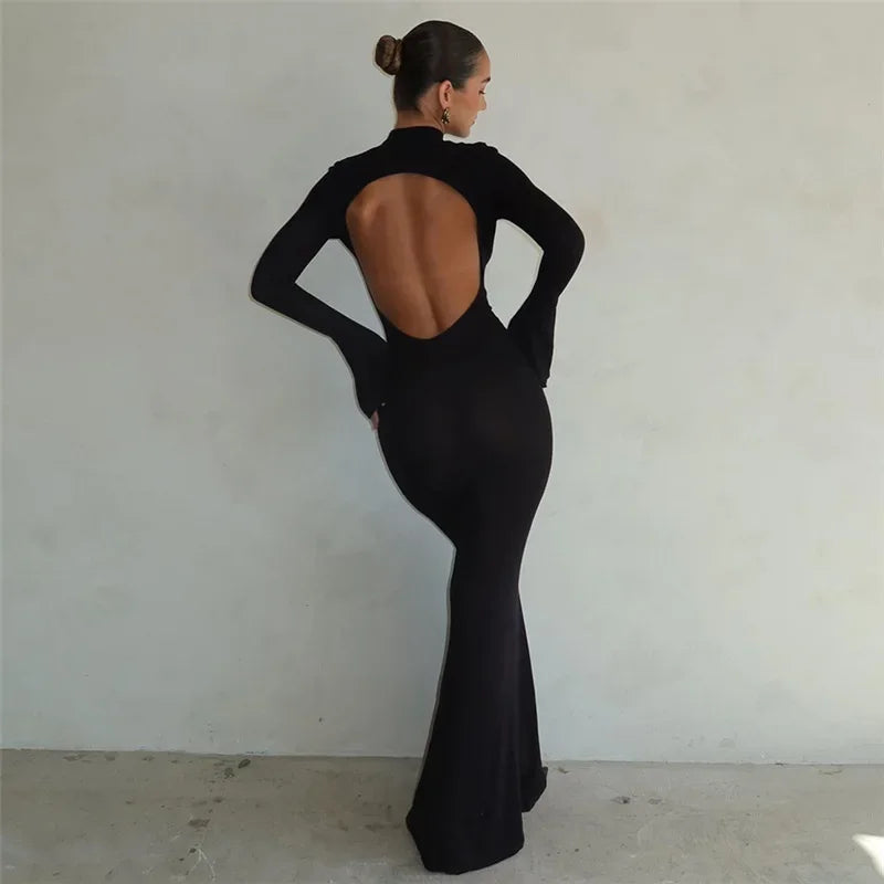 Fashion Open Back Maxi Dress Black / S