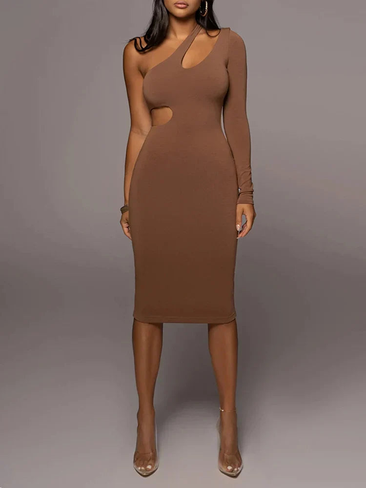 Solid Color One Shoulder Hollow Out Midi Dress Cut Out Dresses