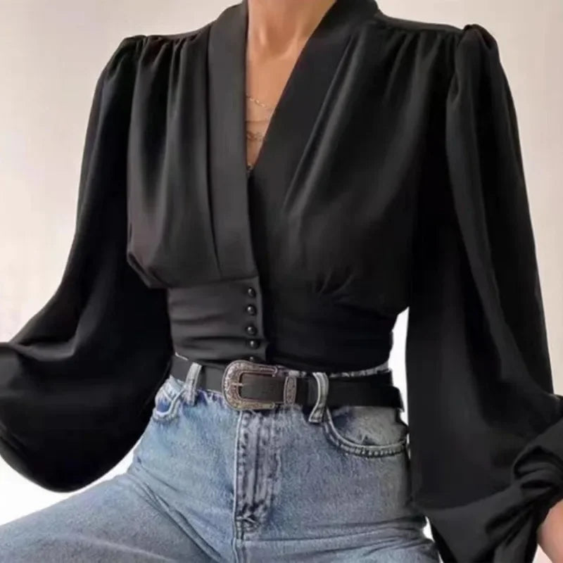V-neck High Waist Lantern Sleeve Satin Blouse Black / One Size blouse-250126