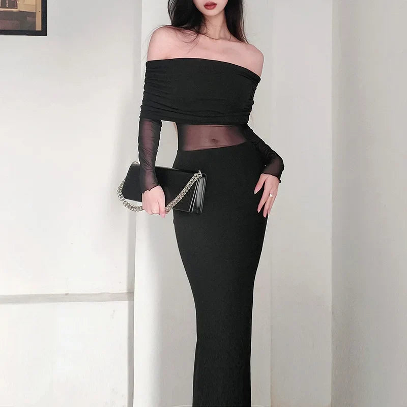 Autumn Sexy Strapless Black Lace Patchwork Long Streetwear Club Long Bodycon Dress