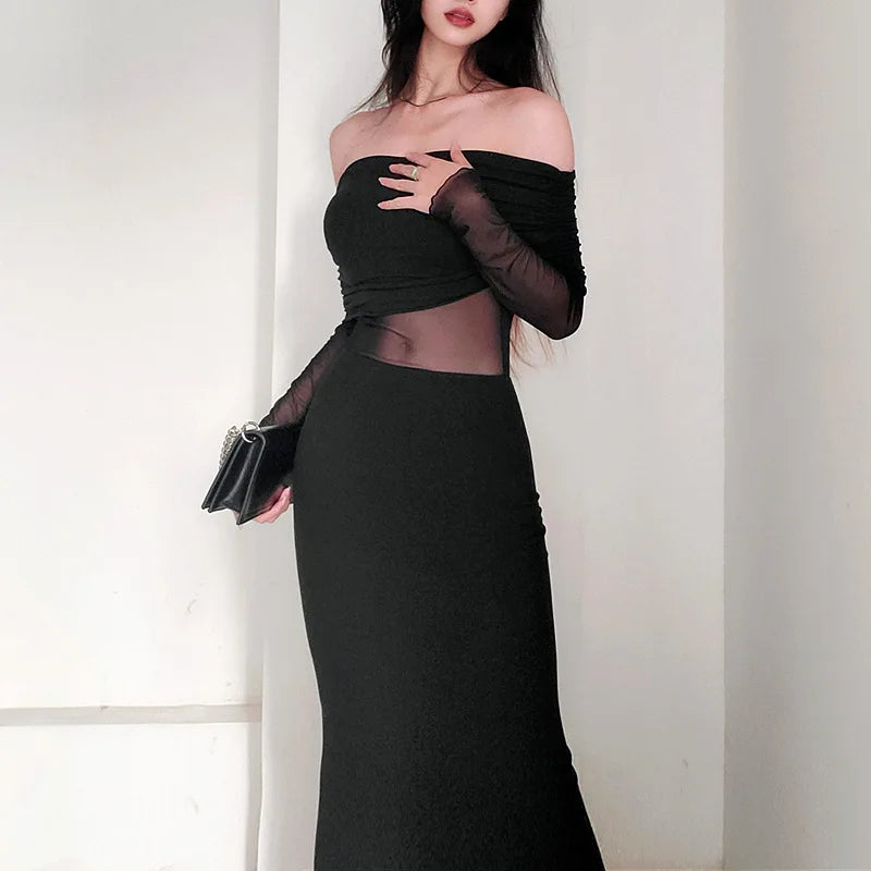 Autumn Sexy Strapless Black Lace Patchwork Long Streetwear Club Long Bodycon Dress