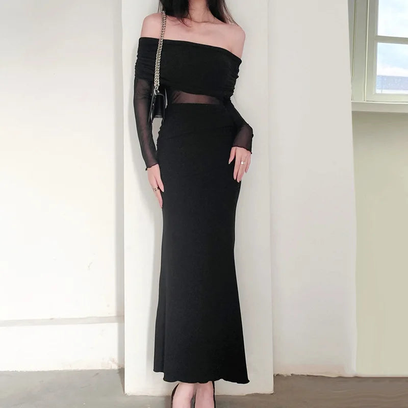 Autumn Sexy Strapless Black Lace Patchwork Long Streetwear Club Long Bodycon Dress