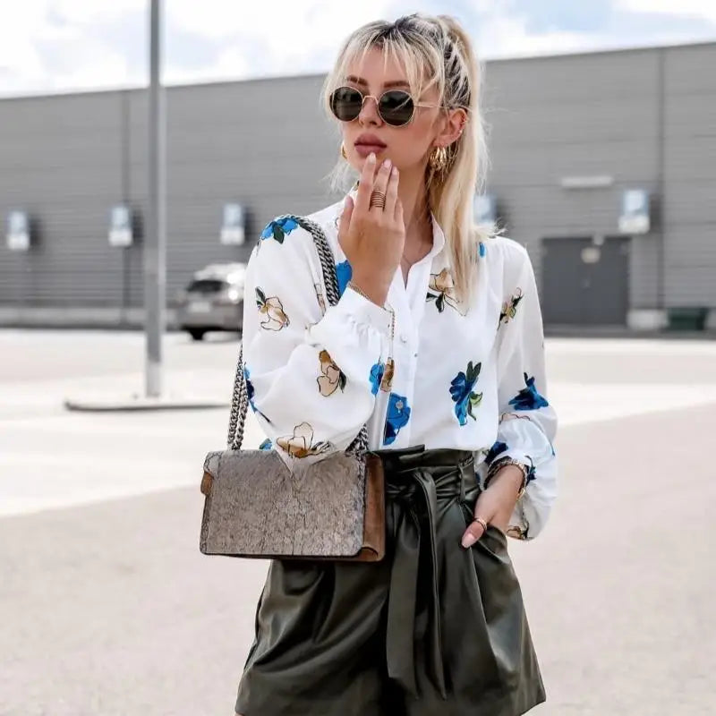 Stand Collar Floral Print Lantern Sleeve Blouse Blue / S blouse-250126