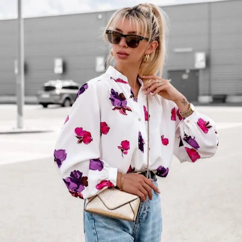 Stand Collar Floral Print Lantern Sleeve Blouse