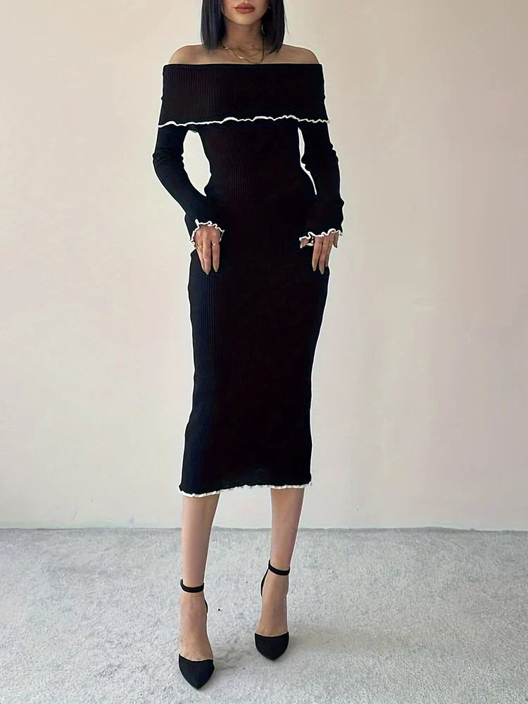 Autumn Winter Black Long Slash Neck Straight Elegant Party Clubwear Bodycon Dress
