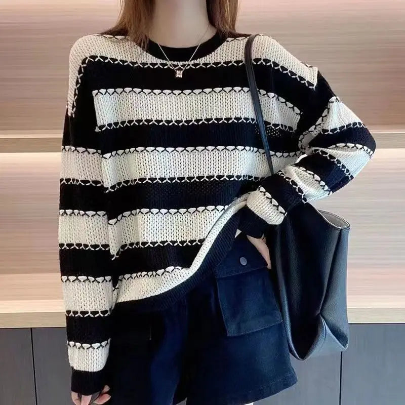 Striped Patchwork Round Neck Korean All - match Sweater White / S