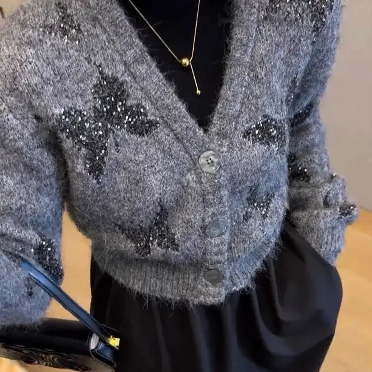 V-Neck Butterfly Glitter Knit Cardigan Gray / S Cardigan-241208