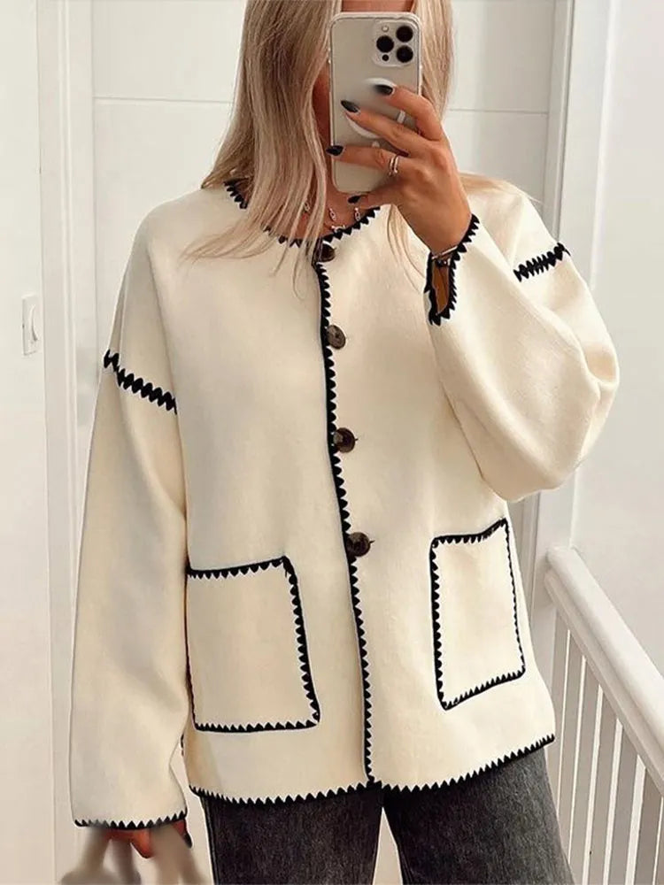 Contrast O Neck Loose Elegant Long Sleeves Winter New Stylish Fashionable Coat
