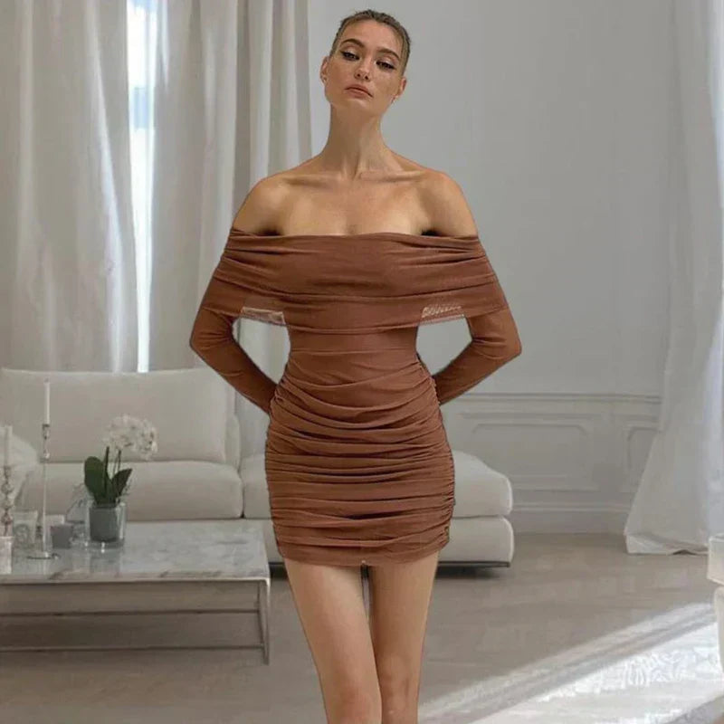 Autumn and Winter New Off Shoulder Knitted Slim Pleated Long Sexy Bodycon Dress