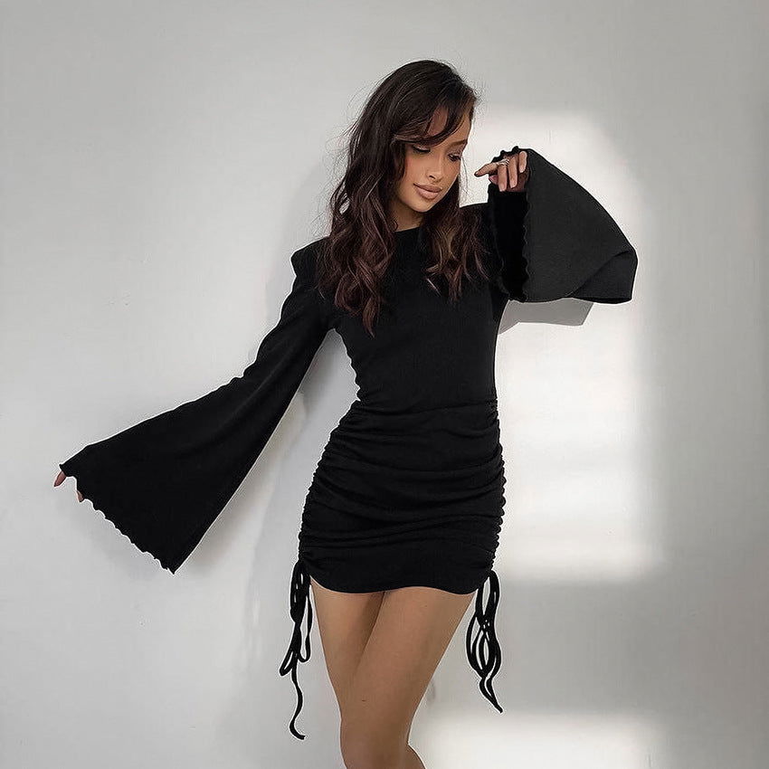 Elegant Round Neck Flared Sleeves Tight Lace Up Dress Knitted Solid Color Dress