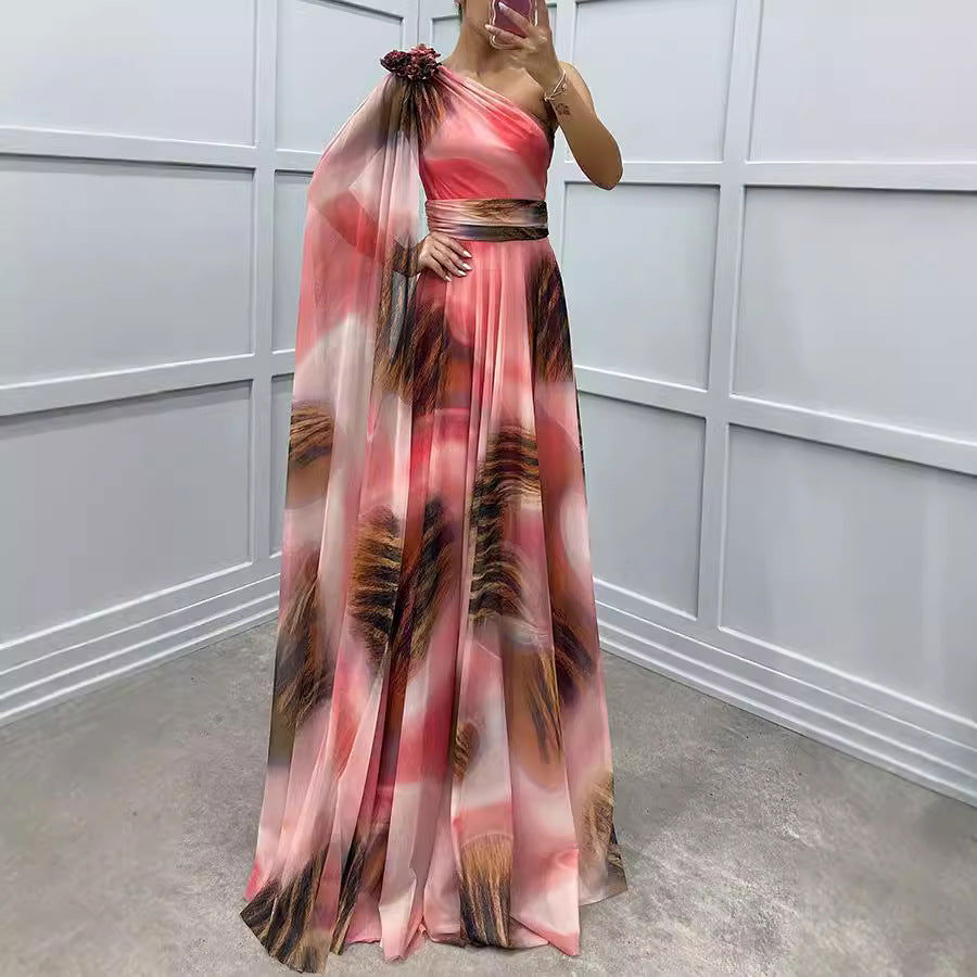 Chiffon Printed Sloping Shoulder Dress Casual Loose Party Dress