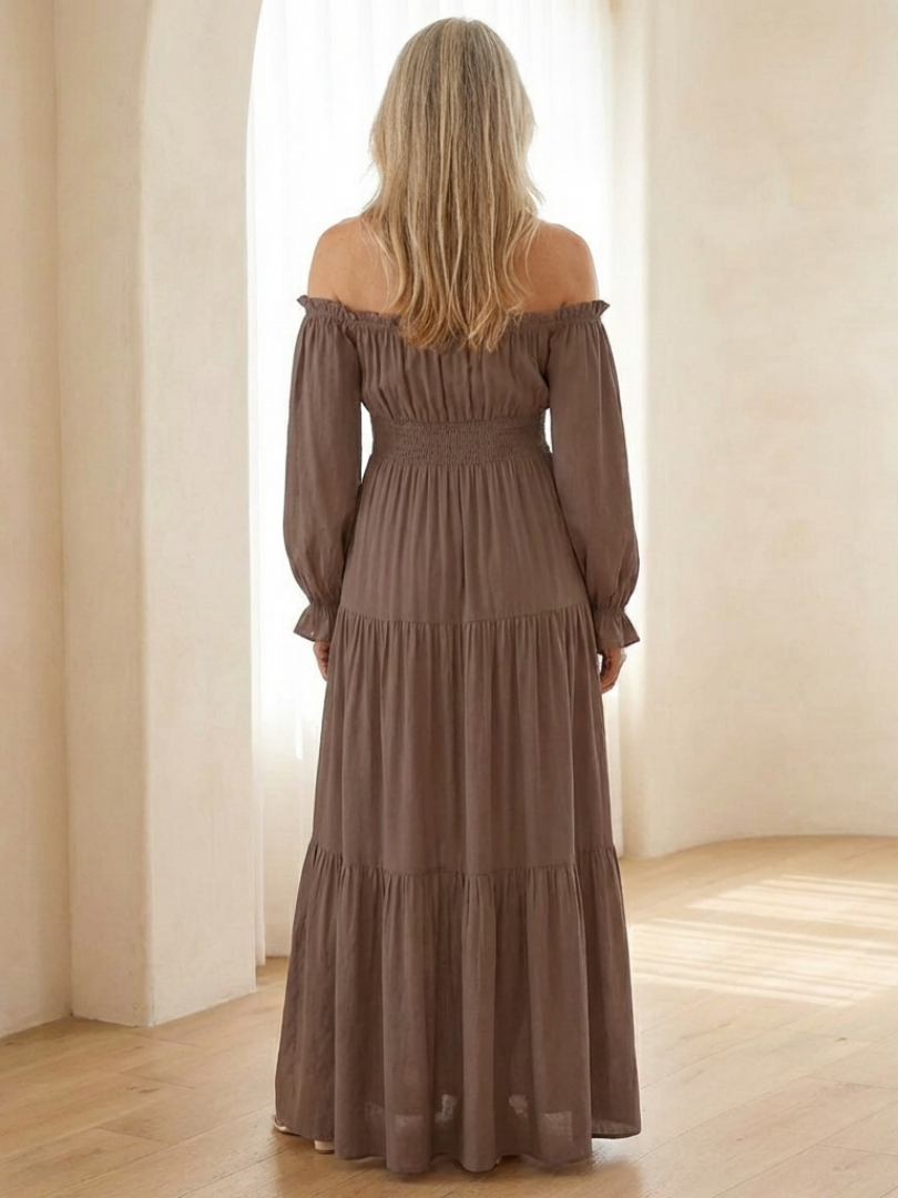 Off-Shoulder Puff Sleeve Smocked Tiered High Slit Maxi Dress 3