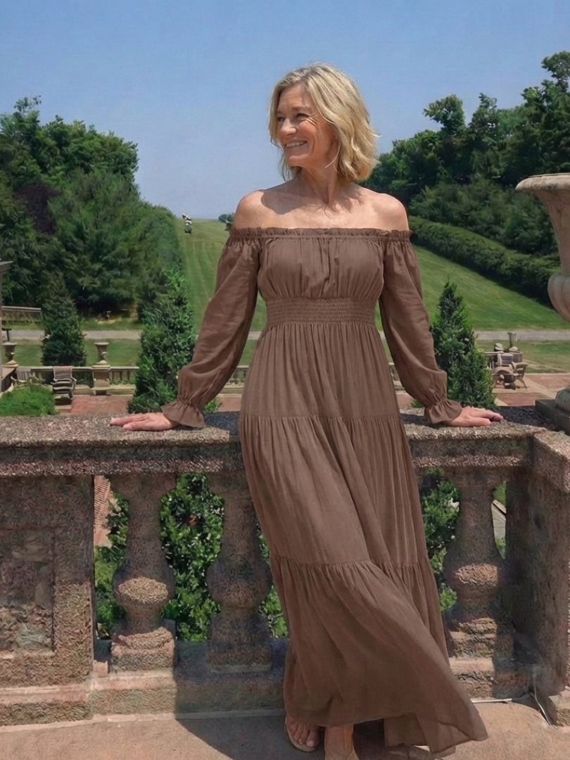 Off-Shoulder Puff Sleeve Smocked Tiered High Slit Maxi Dress 8