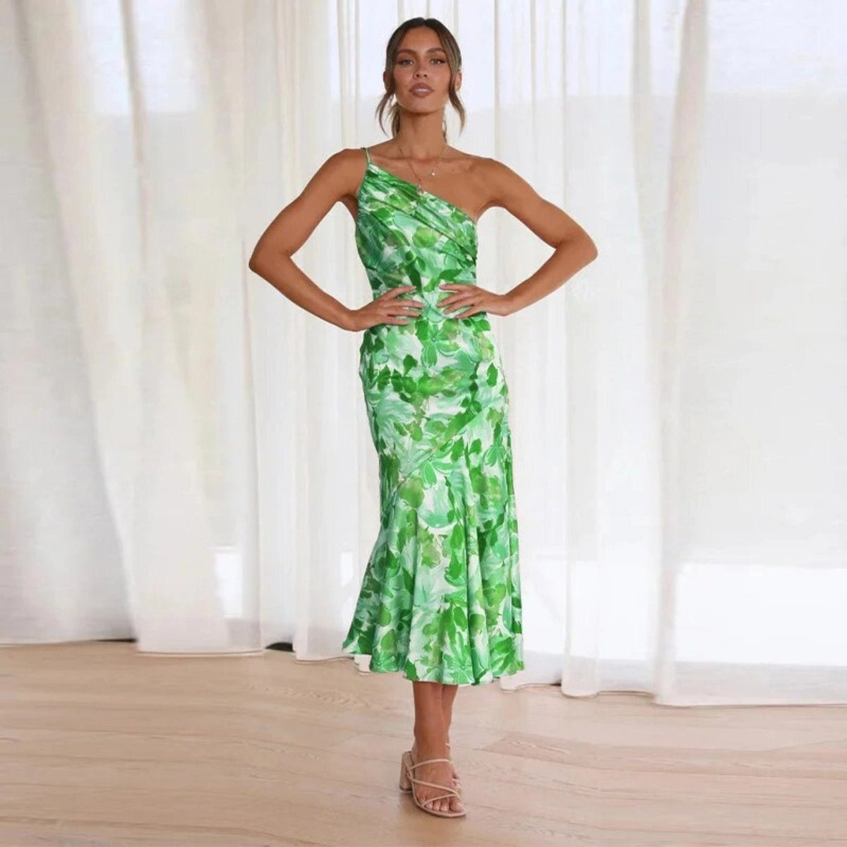 One-Shoulder Floral Satin Ruched Mermaid Midi Dress 4