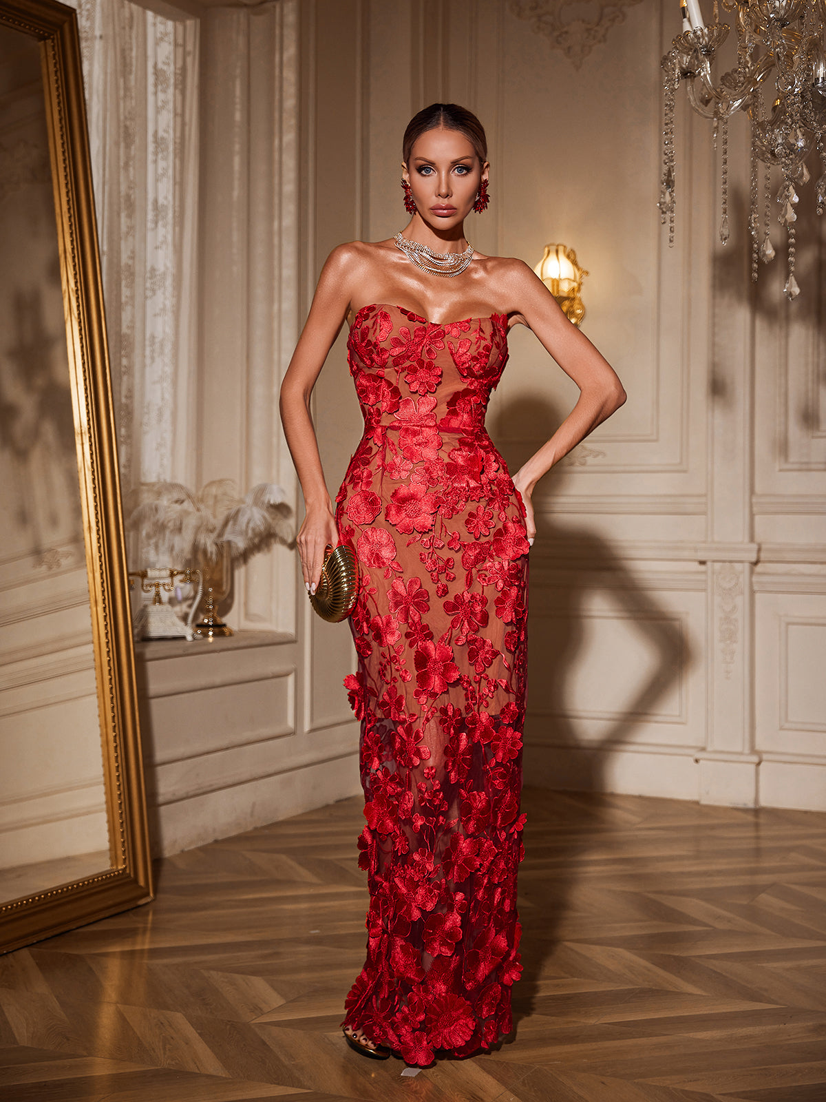 Strapless Flower Maxi Dress In Red
