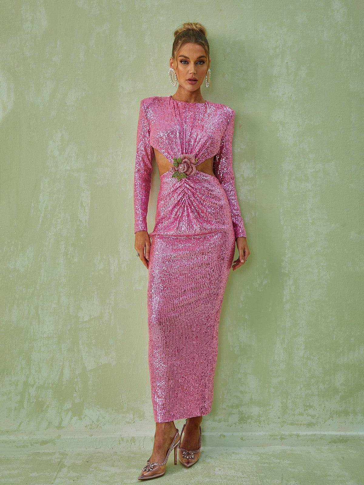 Round Neck Long Sleeve Sequin Cutout Floral Applique Ruched Maxi Dress