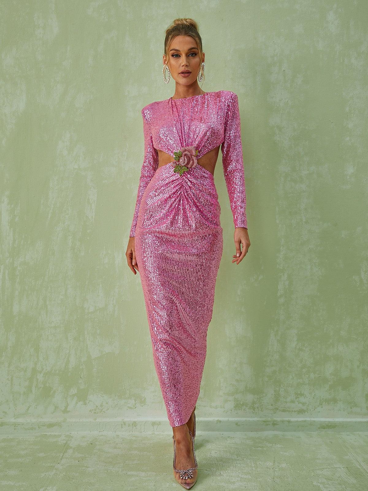 Round Neck Long Sleeve Sequin Cutout Floral Applique Ruched Maxi Dress