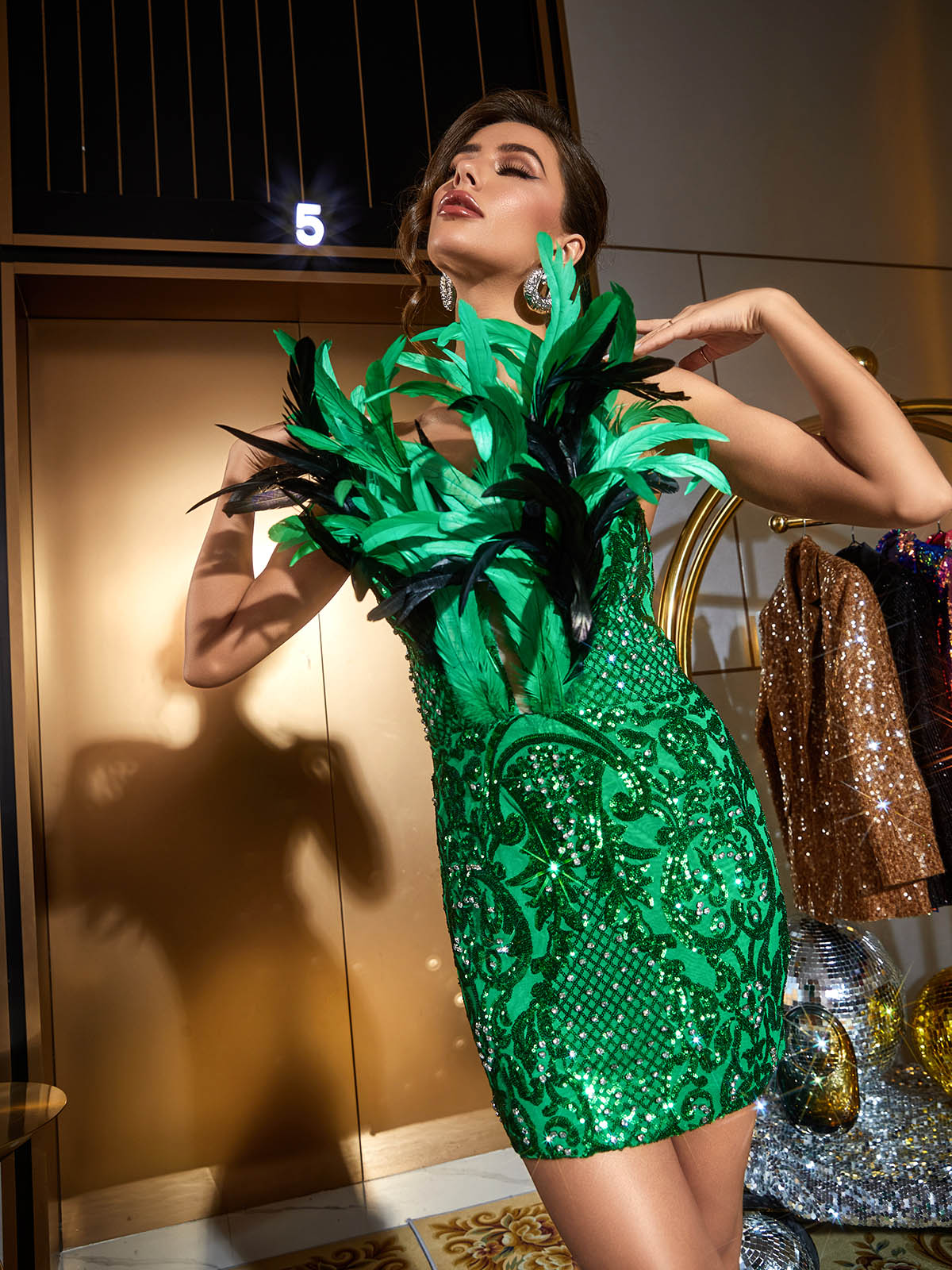 Strapless Sequin Feather Trim Bodycon Mini Dress
