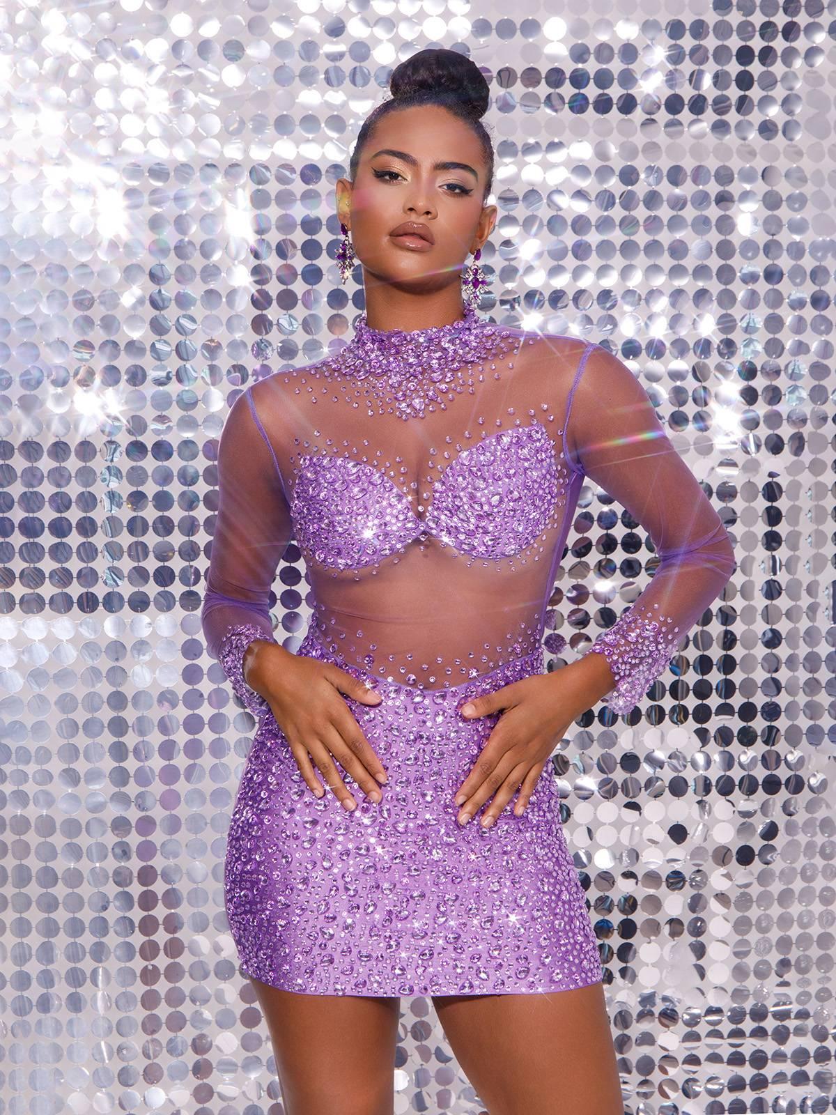 Mesh Crystal Mini Dress In Purple
