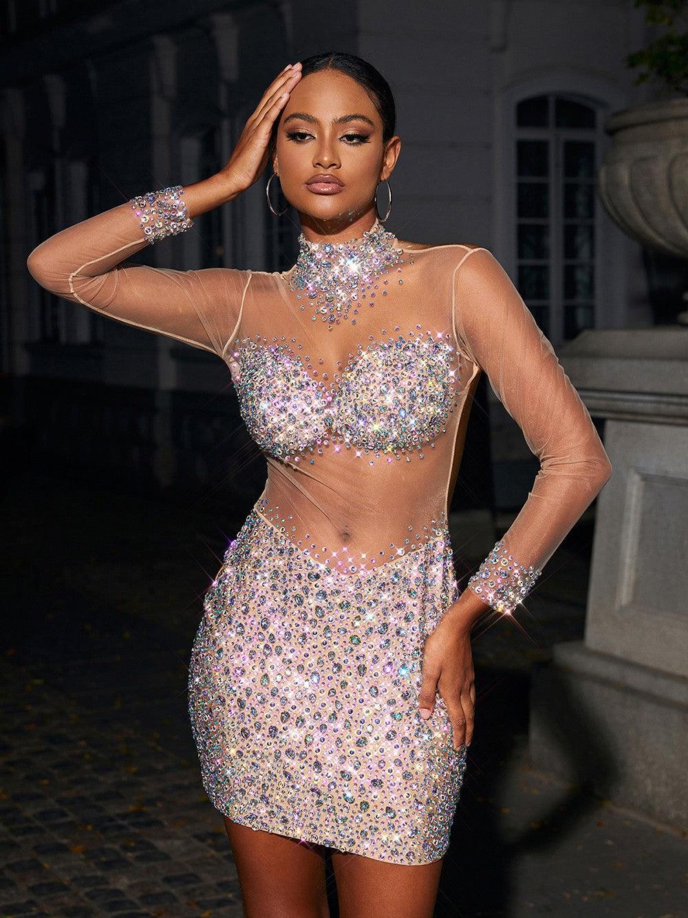 Mesh Crystal Mini Dress In Silver