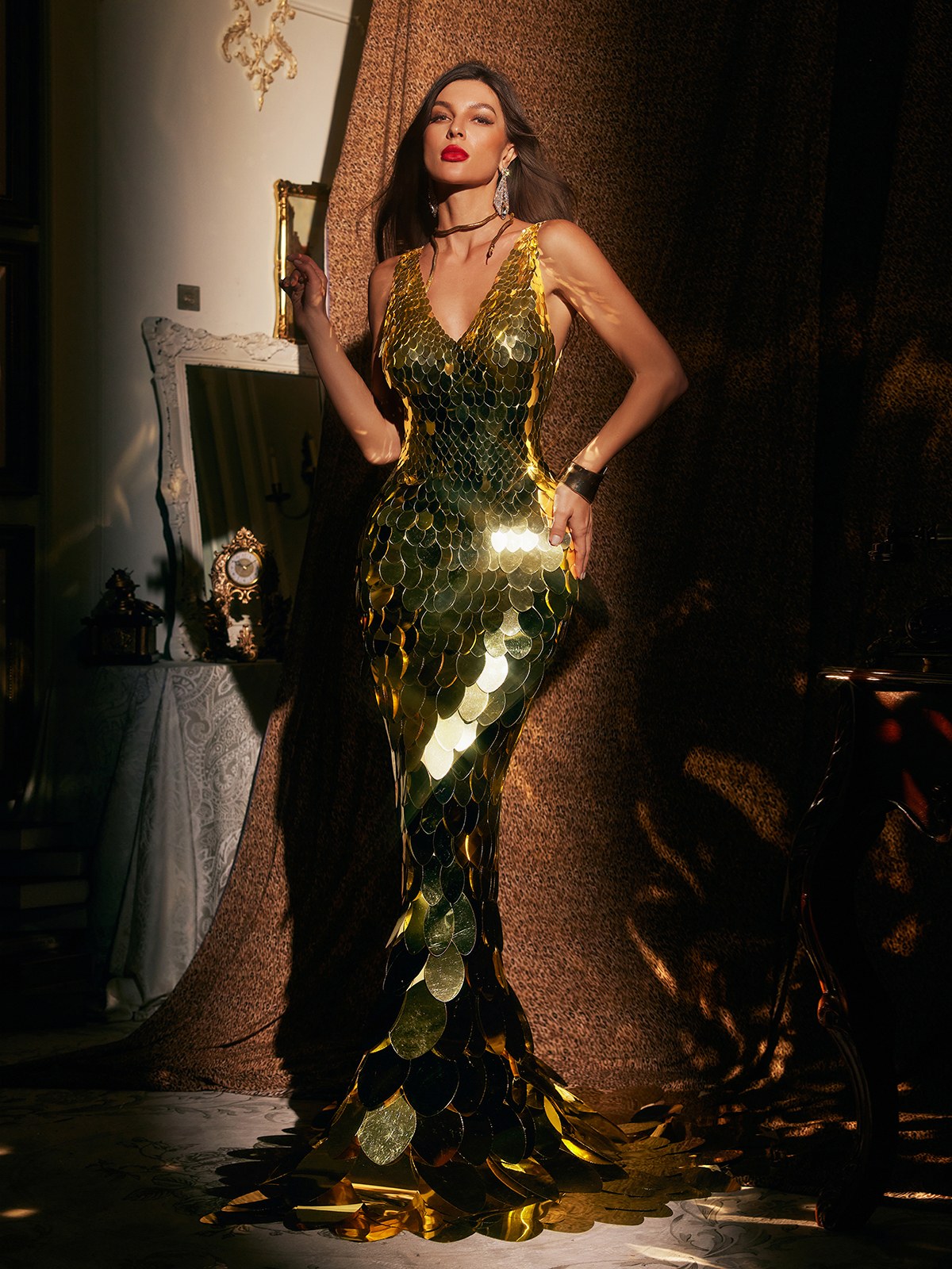 V Neck Scale Maxi Dress In Gold