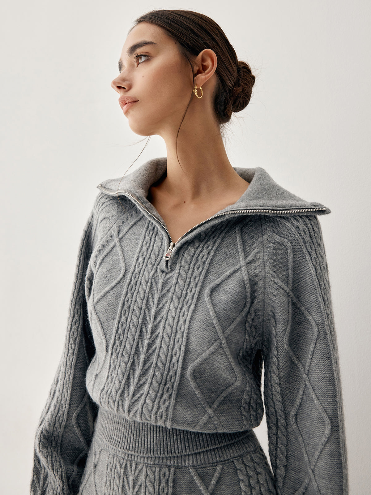 Cable Knit Open Collar Modern Cardigan WIth Matching Skirt
