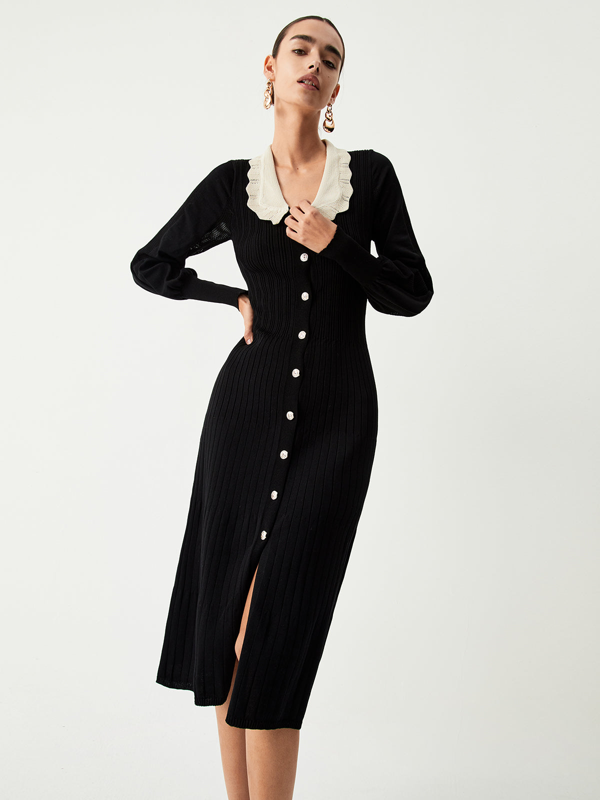 Contrast Eyelet Collar Long Modern Sleeve Midi Sweater Dress Black / Xs Sweaters-L