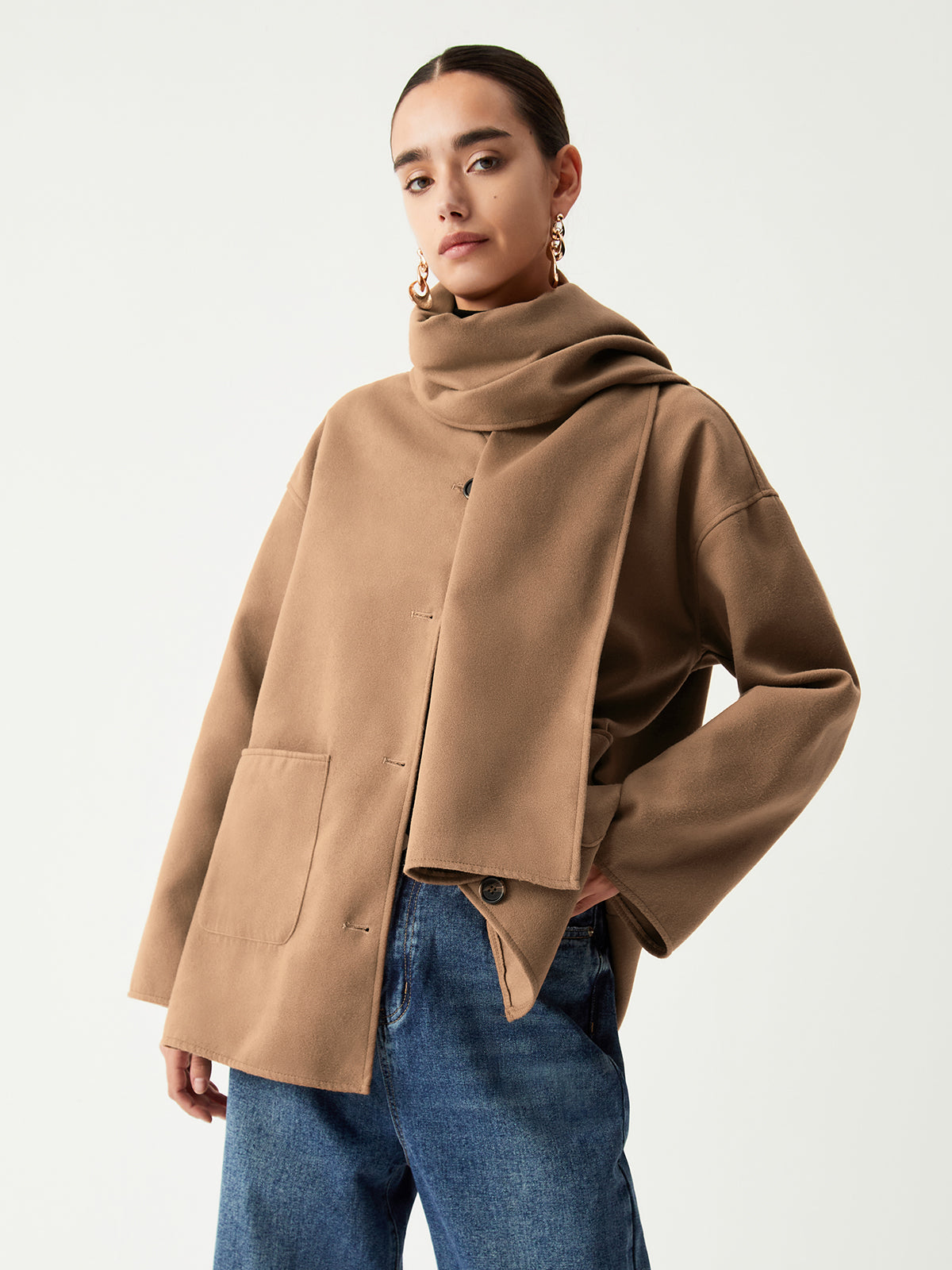 Double Pockets Cotton Blend Modern Jacket With Matching Scarf Brown / S Jackets