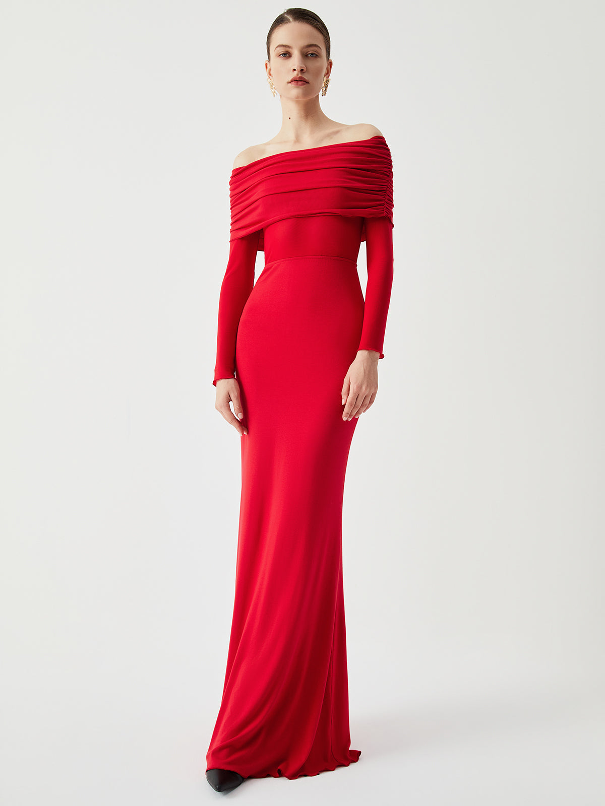Abriella Off Shoulder Overfold Mesh Maxi Dress