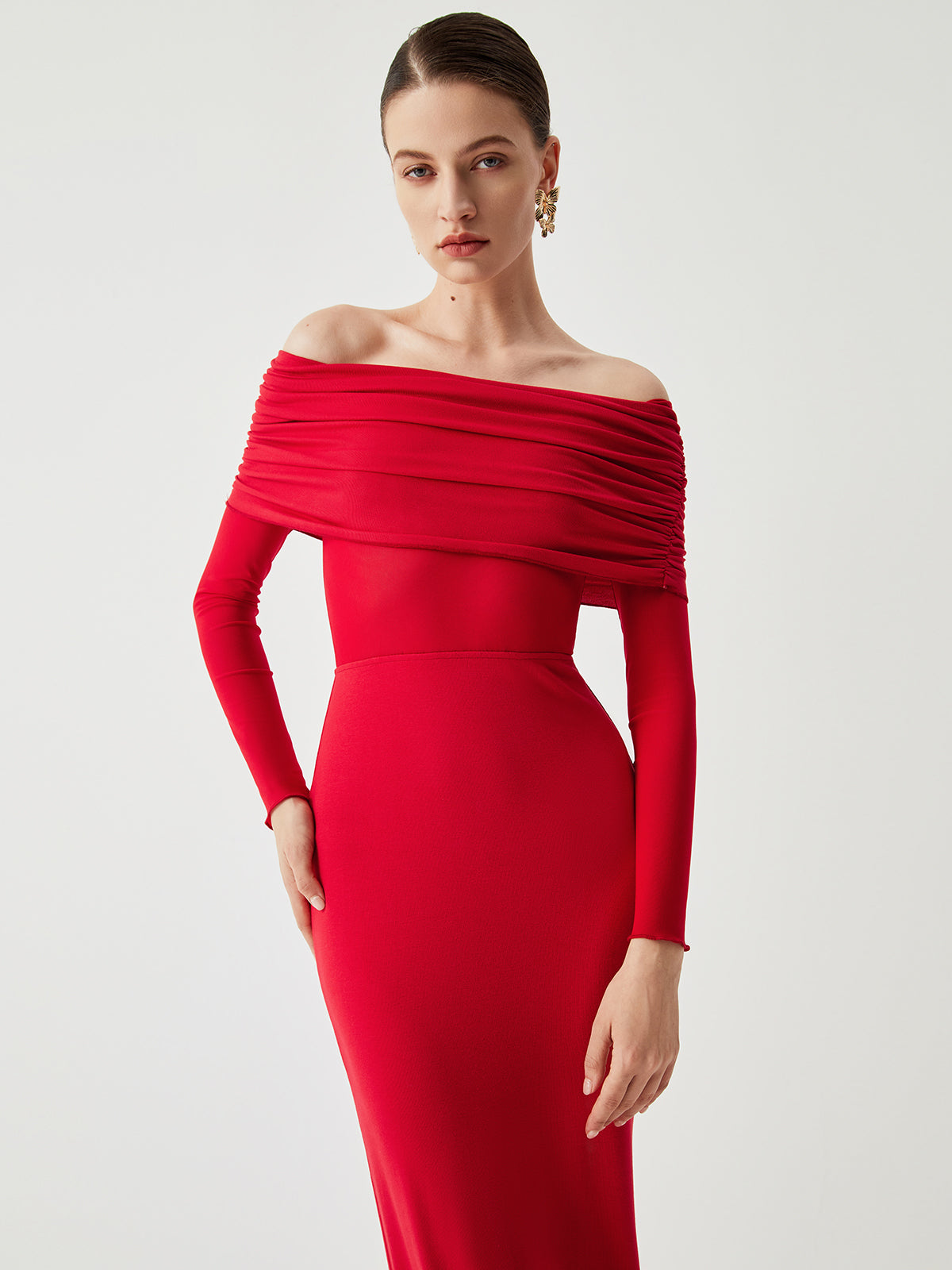 Abriella Off Shoulder Overfold Mesh Maxi Dress