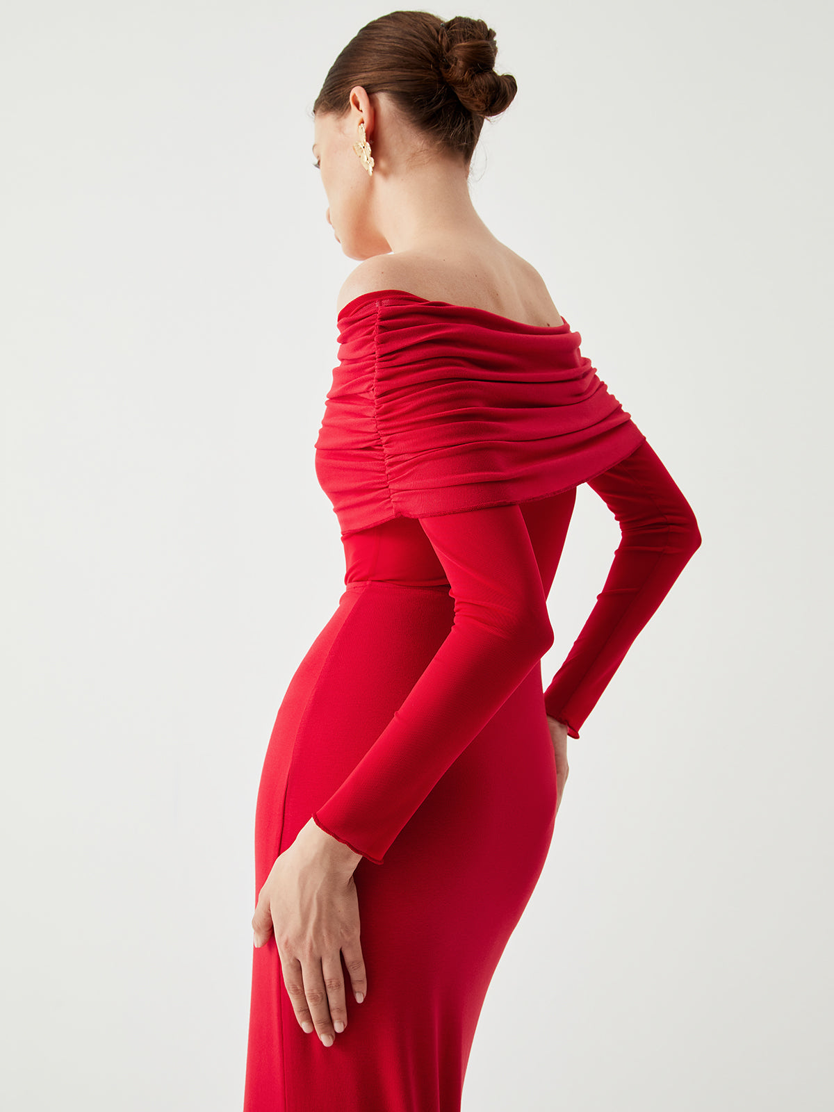 Overfold Off Shoulder Mesh Long Sleeve Long Dress