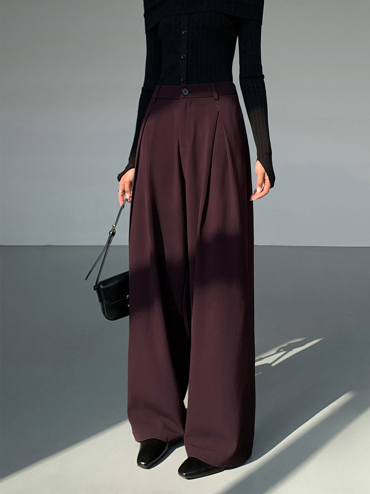 Casual Pleated Graceful Wide Leg Pants Burgundy / Xs
