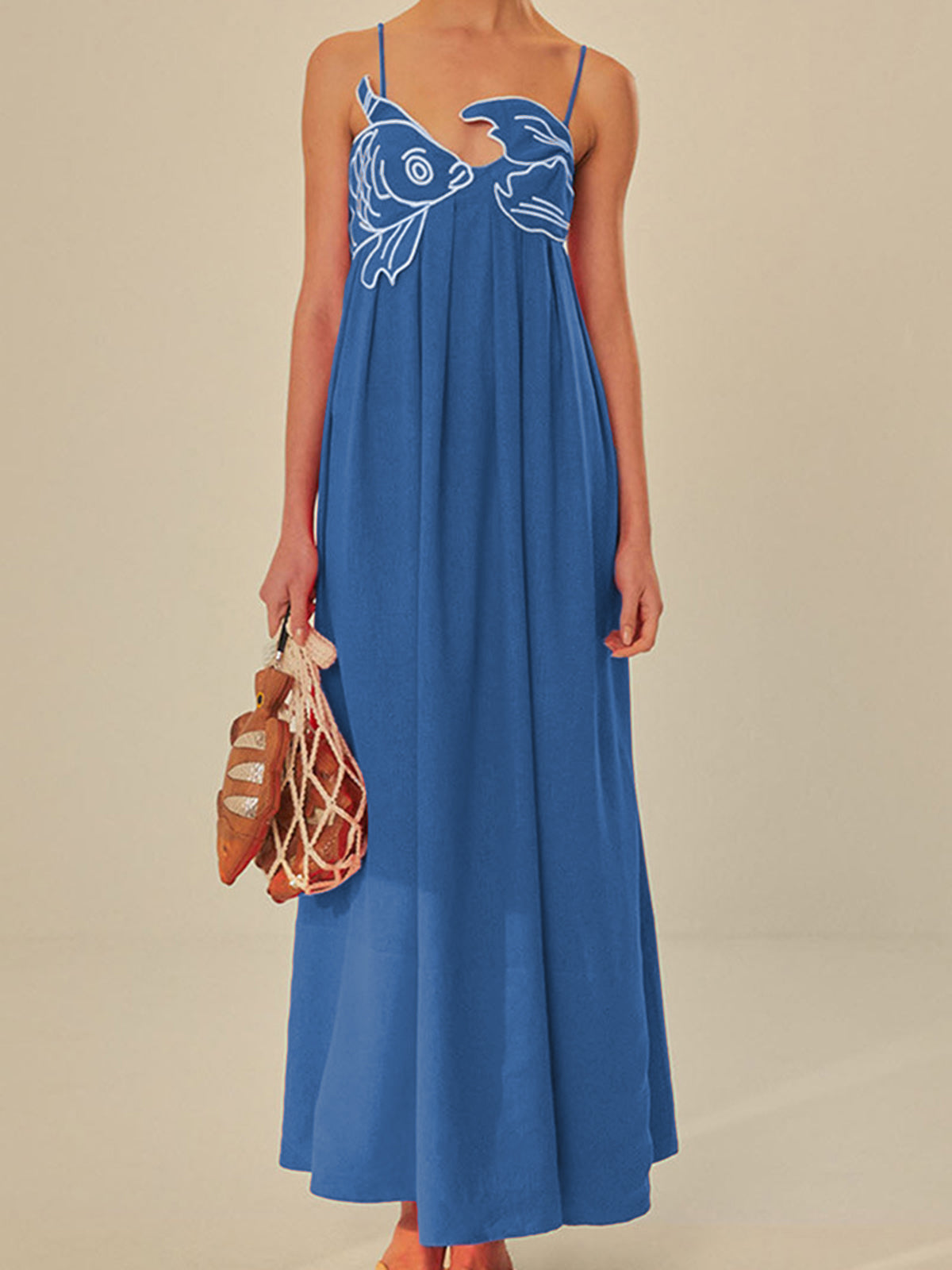 Embroidered Fish Spaghetti Strap Midi Dress