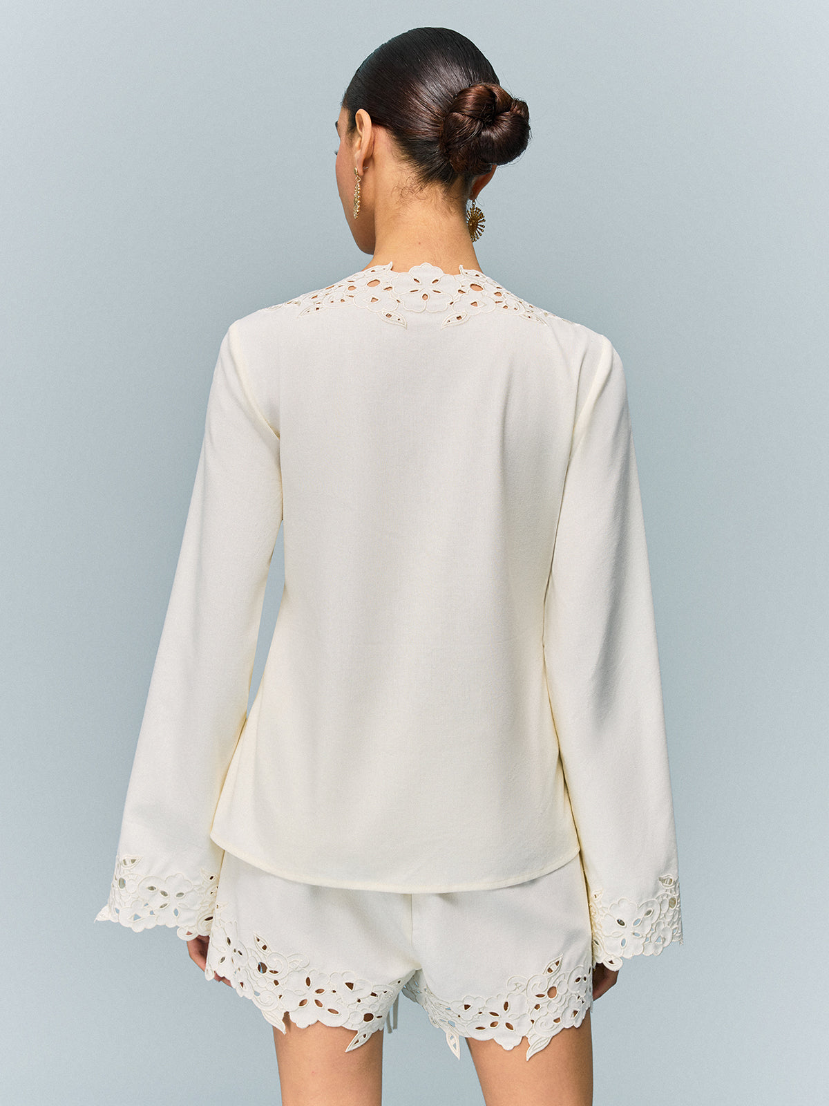 Semi-Sheer Reversible Embroidered-Lace Top And Shorts Set