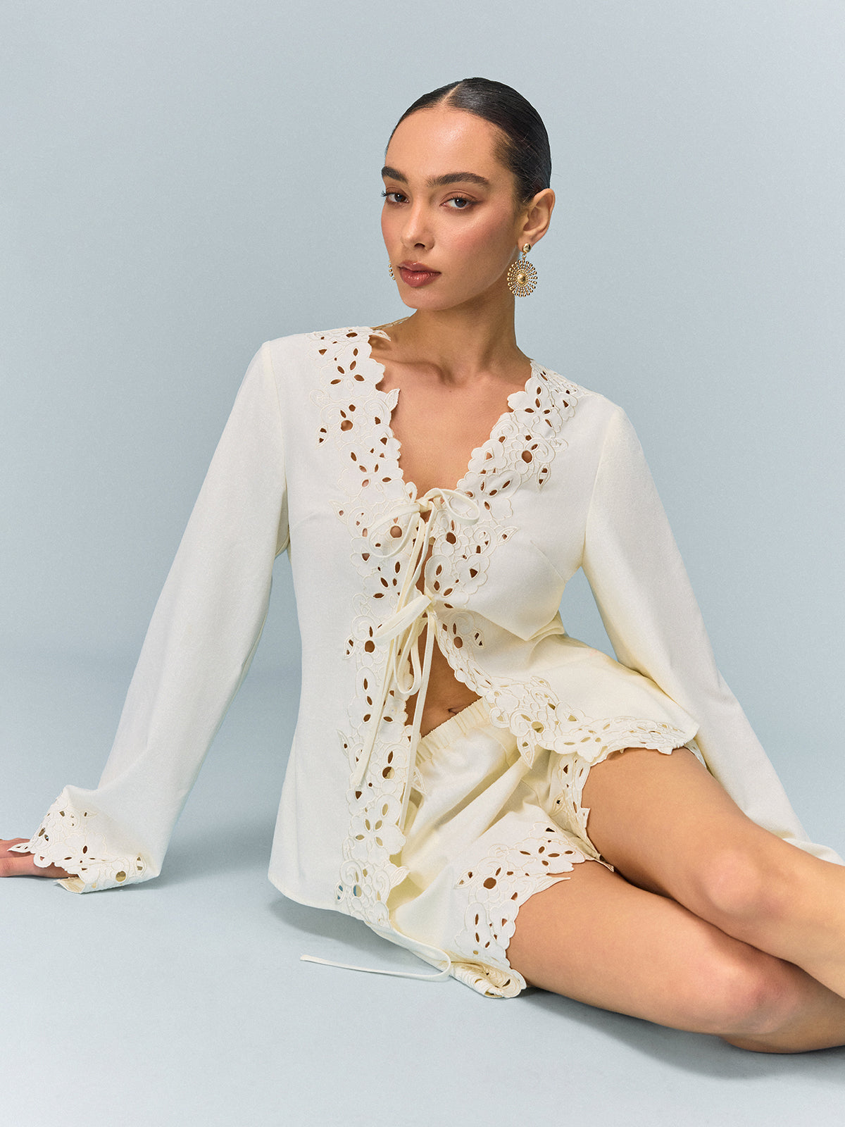 Semi-Sheer Reversible Embroidered-Lace Top And Shorts Set