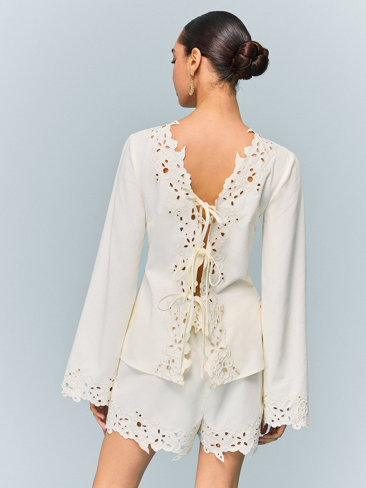 Semi-Sheer Reversible Embroidered-Lace Top And Shorts Set