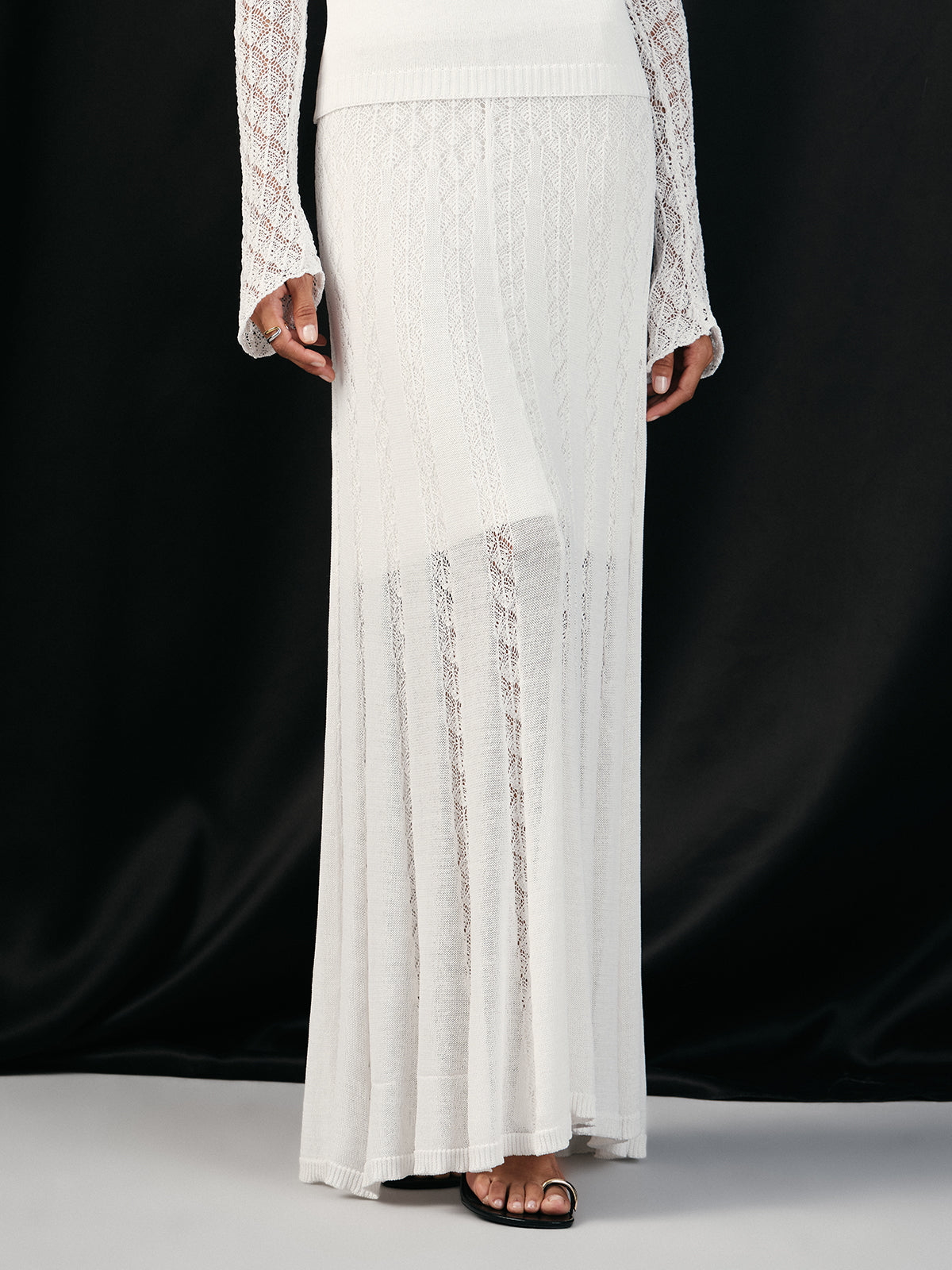 Lace Paneled Knit Maxi Shirt and Skirt Set