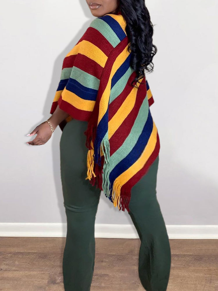 Striped Knit Tassel Trim Asymmetric Hem Poncho